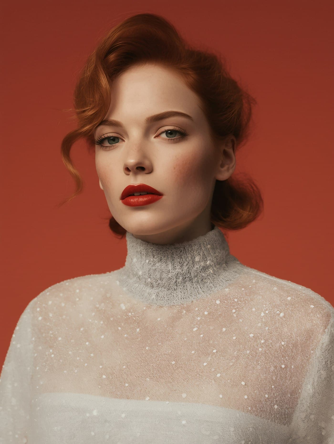 Portrait of Aurelia with red hair against a muted background