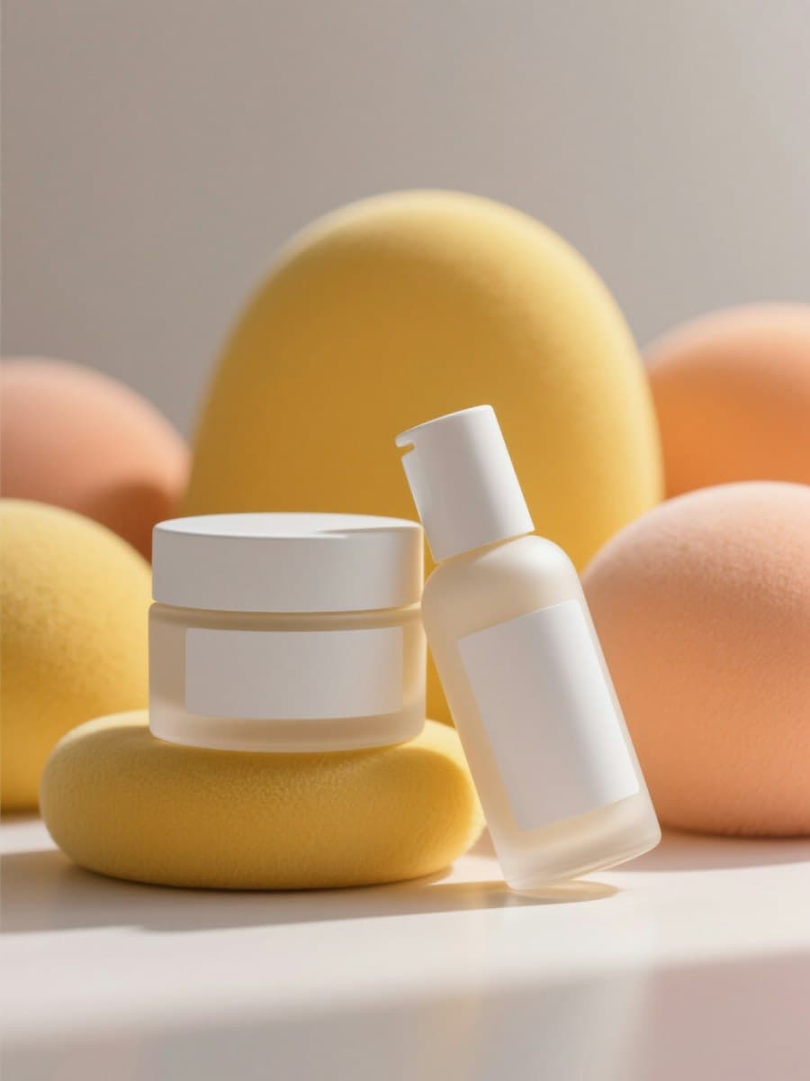 Skincare bottles arranged as a calm brand display